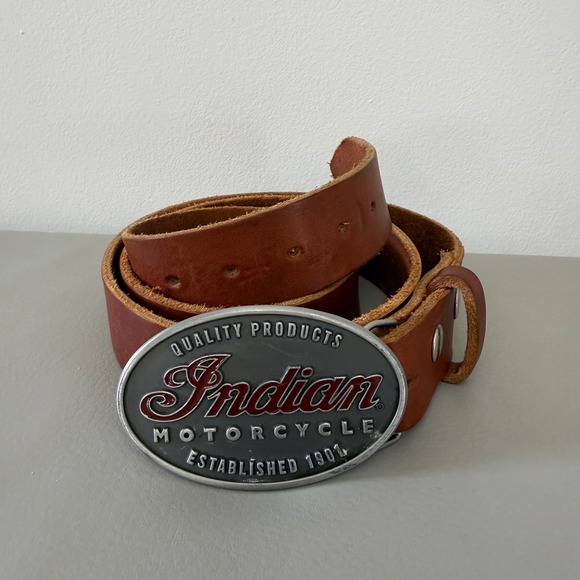 Indian Motorcycle Brown Leather Belt Oval Logo Trophy Buckle Mens Size 48 1901
